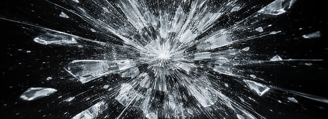 Ein dramatisches Bild von einem Glas, das bei einem Bruch zersplittert.