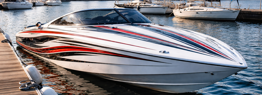 Ein Sportboot liegt im Hafen, bereit für die Fahrt auf dem Wasser.