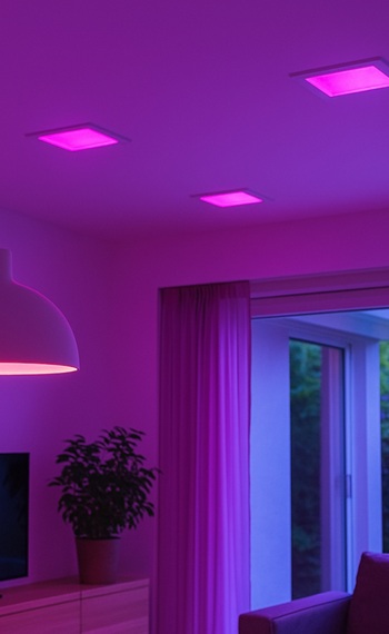 Ein modernes Wohnzimmer mit lila LED-Beleuchtung für eine gemütliche Atmosphäre.